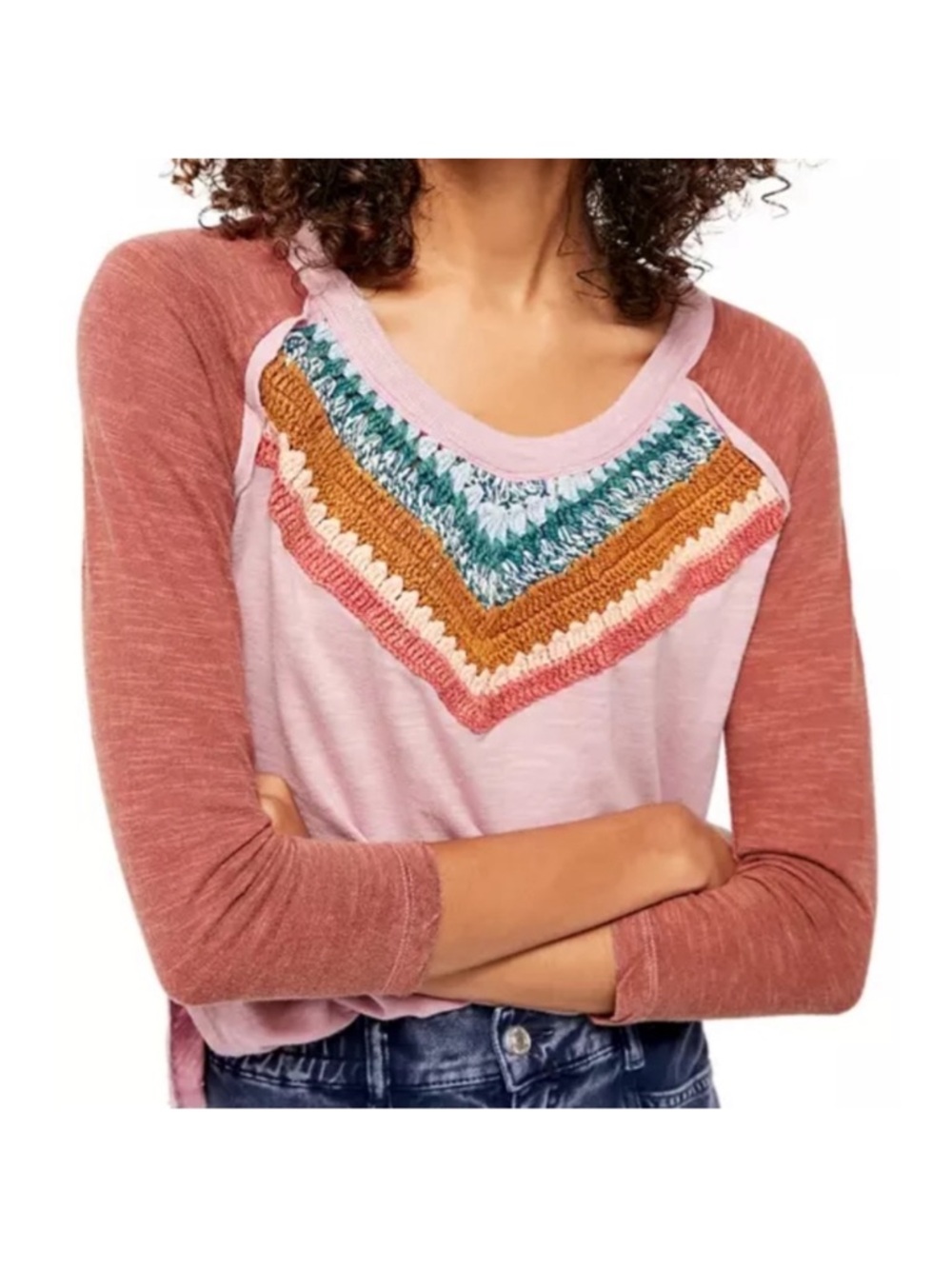 Free People Spring Bound Crochet Top Boho Raglan Pink Size Small